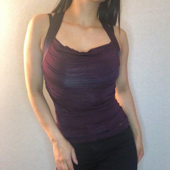 GUESS purple tank top w/ cone neck & ruched front detail - Picture 1 of 5